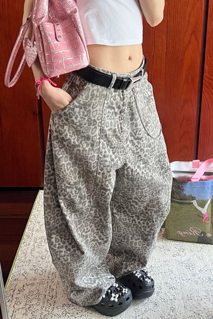Vintage Distressed Leopard Wide-Leg Jeans