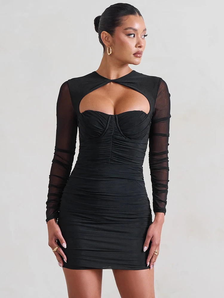 Mesh Pleated Wrap Mini Dress