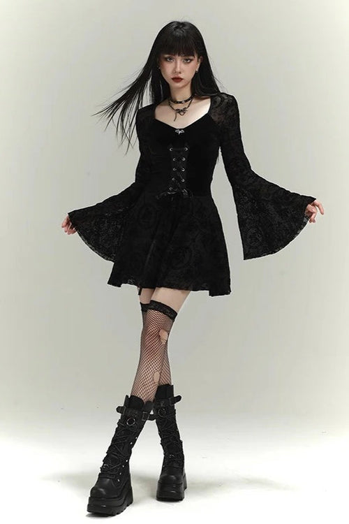 Black Velvet Lace Splice Bowknot Bell Sleeve Goth Mini Dress
