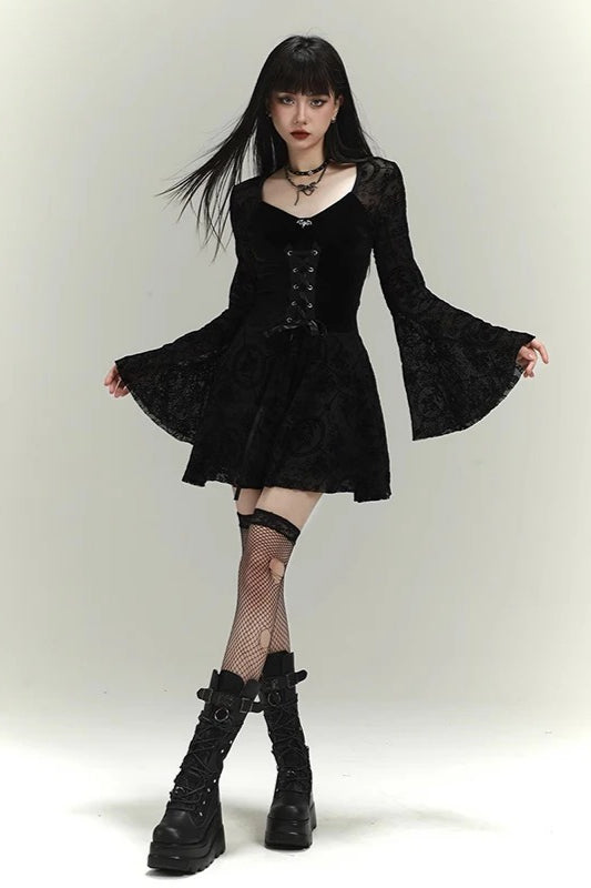 Black Velvet Lace Splice Bowknot Bell Sleeve Goth Mini Dress