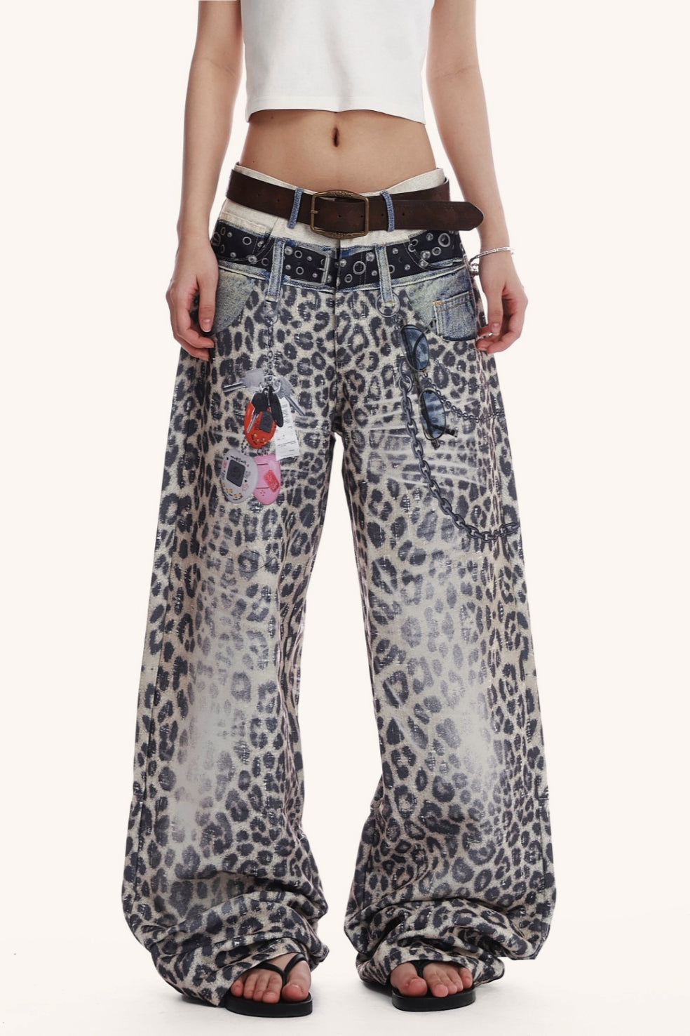 Low Waist Leopard Wide Leg Loose Flare Jeans