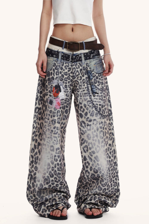 Low Waist Leopard Wide Leg Loose Flare Jeans