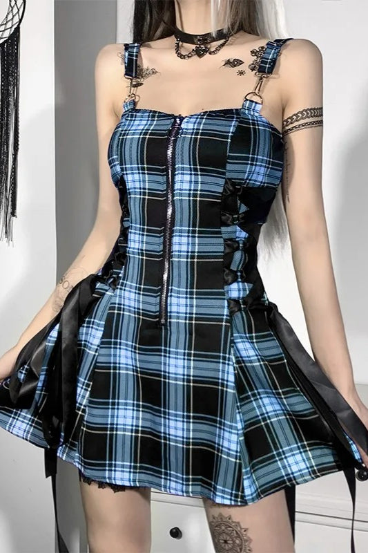 Black Plaid Backless Bandage A-Line Elegant Mini Dress