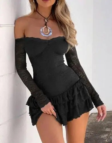 Boat Neck Ruffled Mini Dress
