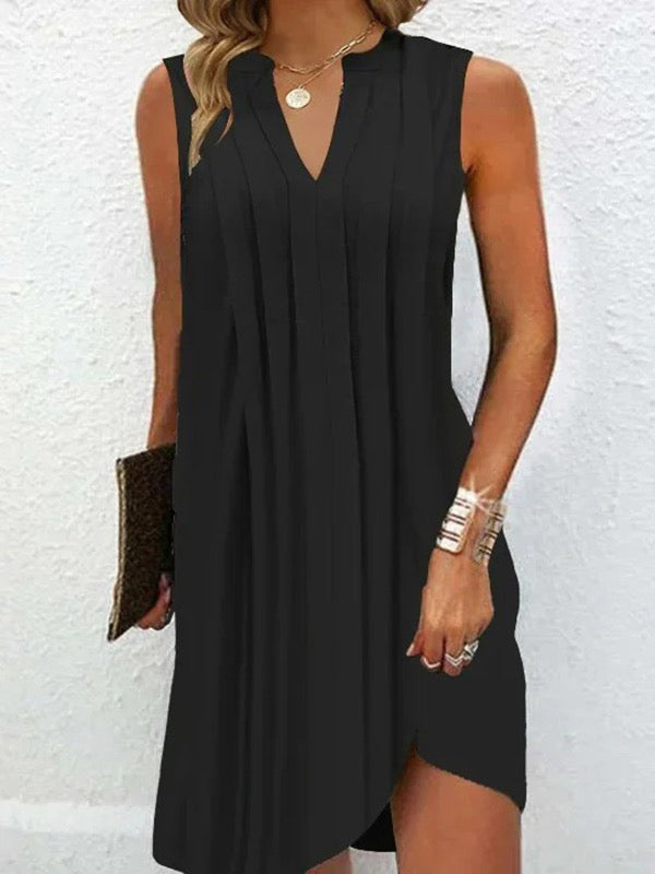 Loose Sleeveless Pleated Solid Color V-neck Mini Dresses
