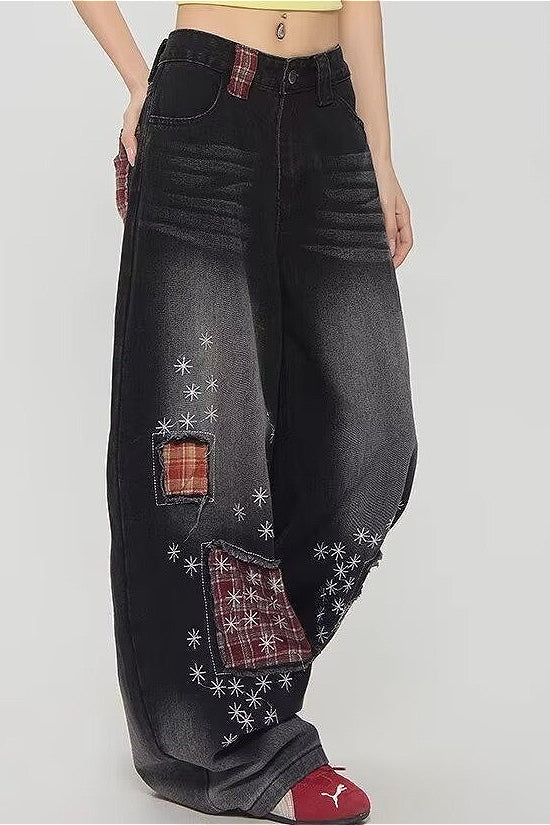 Vintage Plaid Patchwork Distressed Wide-Leg Jeans