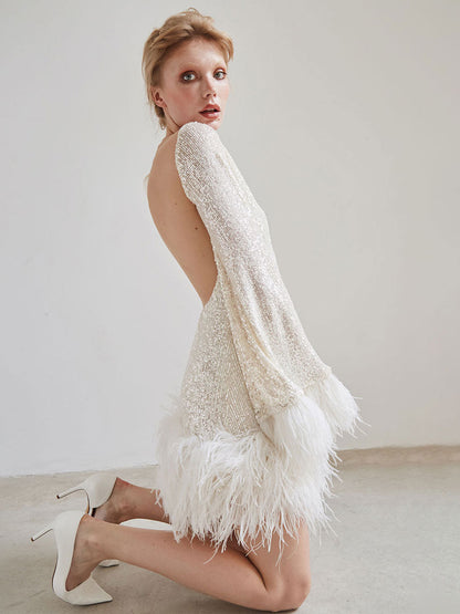 White Sequins Dress Flared Sleeves Feather Trim Backless Sexy Mini Dresses