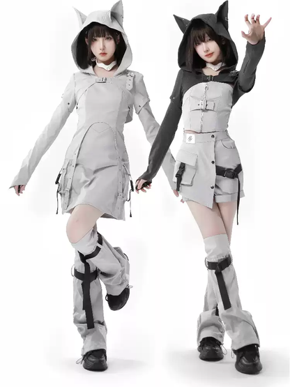 Cyber Techwear Wolf Girl Mini Dress