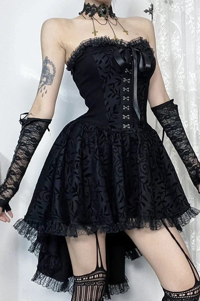 Dark Lace Patchwork High Waist Bandage Corset Gothic Mini Dress