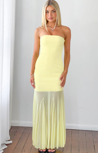Adria Yellow Strapless Asymmetrical Formal Maxi Dress