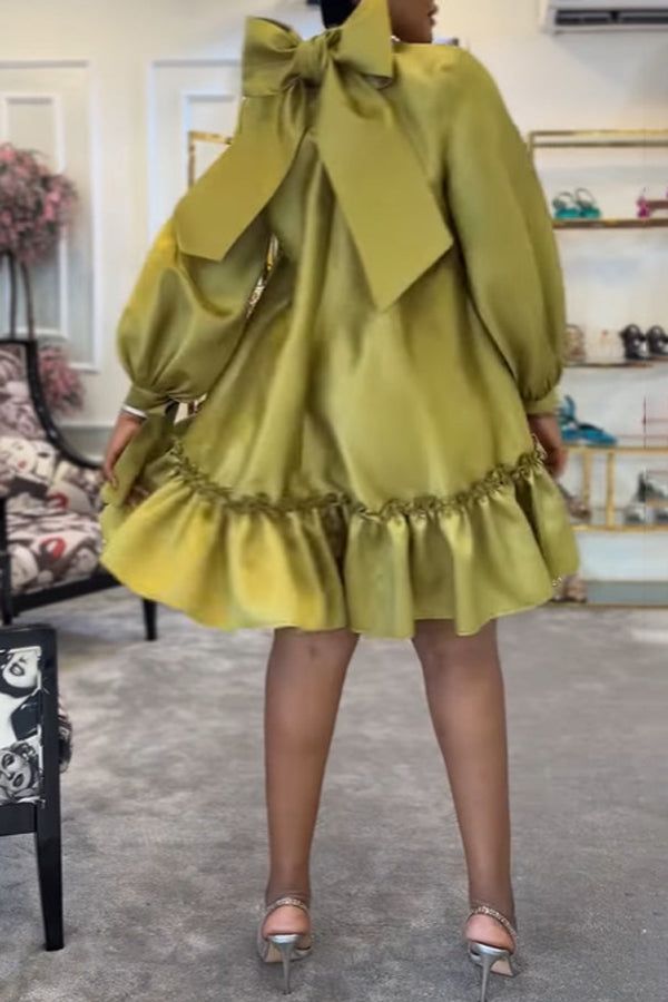 Elegant Puff Sleeve Satin Solid Color Ruffle Lace-Up Mini Dress