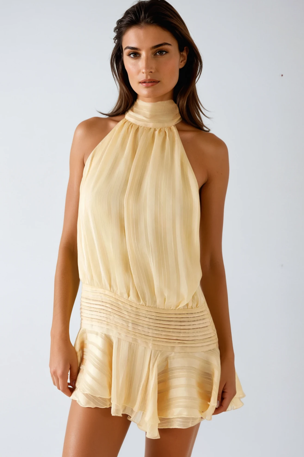 Bernique Halter Neck Ruch Ruffle Mini Dress