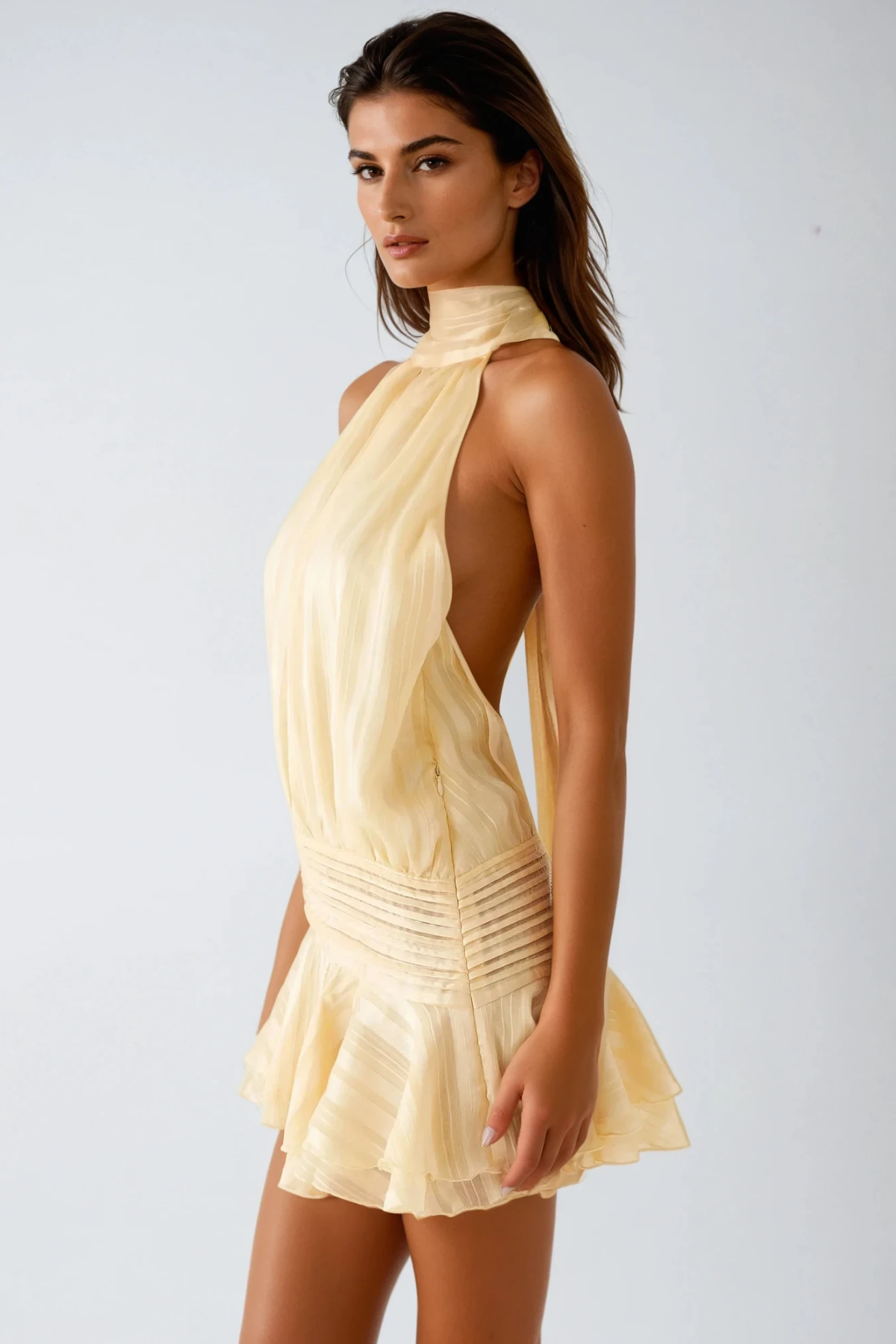 Bernique Halter Neck Ruch Ruffle Mini Dress