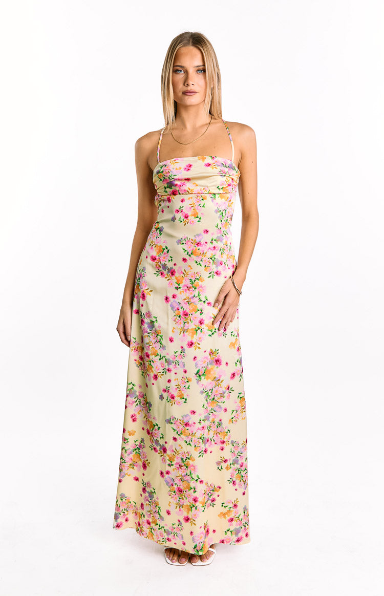 Blaise Yellow Bloom Satin Maxi Dress