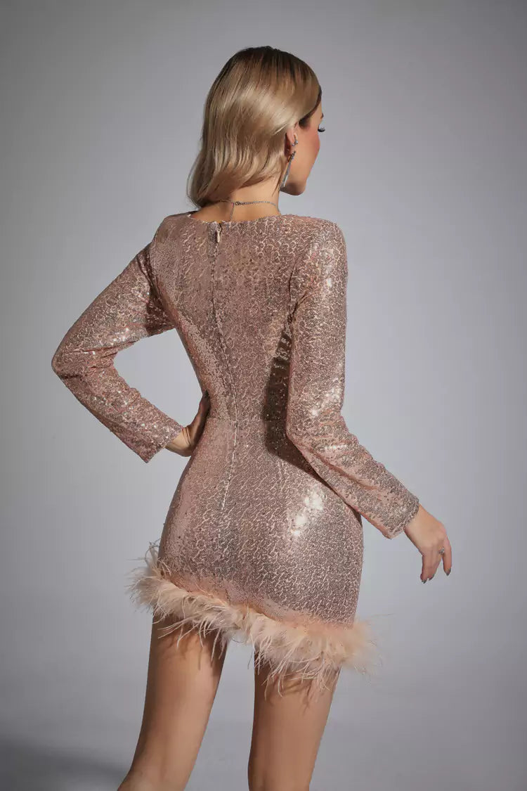 Oakley Champagne Feather Sequin Mini Dress