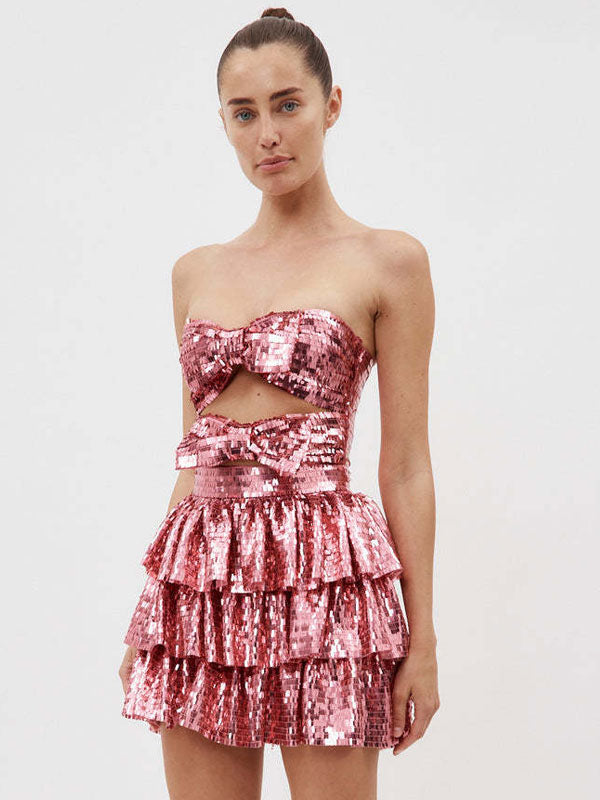 Sequins Party Dress Sleeveless Cut Out Backless Ruffles Mini Dresses