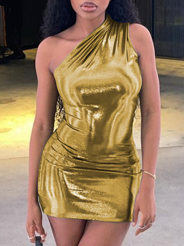 Skinny Asymmetric Shiny Solid Color Split-Joint One-Shoulder Evening Dresses Mini Dresses