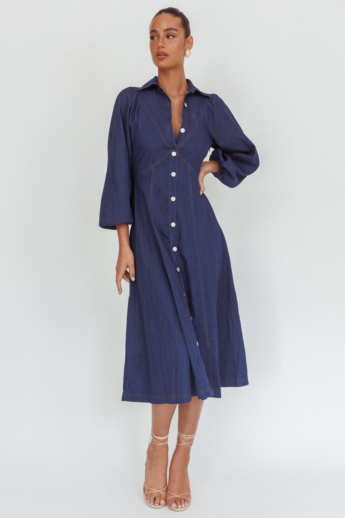 Ania Long Balloon Style Midi Dress Dark Denim