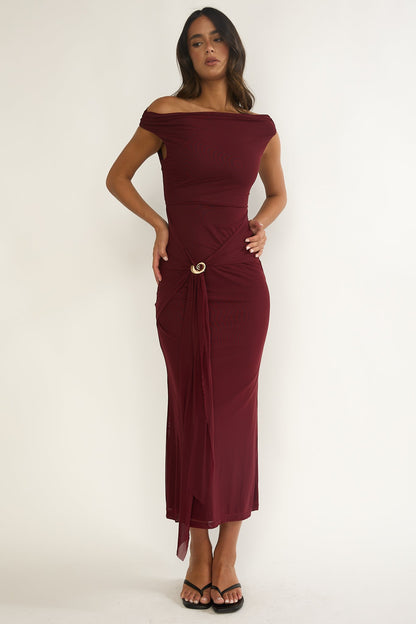 Lyssia Off-Shoulder Waist Sash Maxi Dress Cherry