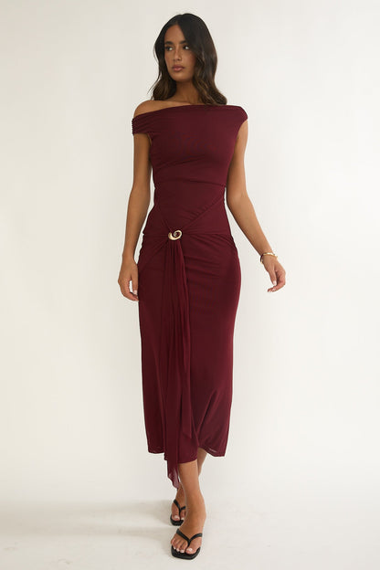 Lyssia Off-Shoulder Waist Sash Maxi Dress Cherry