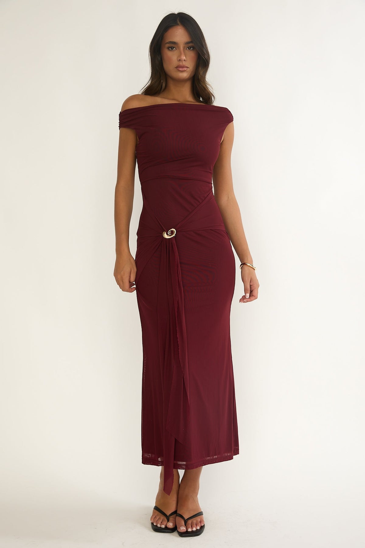 Lyssia Off-Shoulder Waist Sash Maxi Dress Cherry