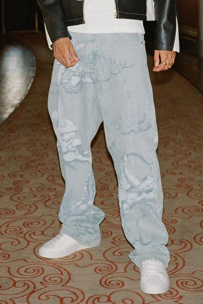 Cupid Print Washed Blue Jeans