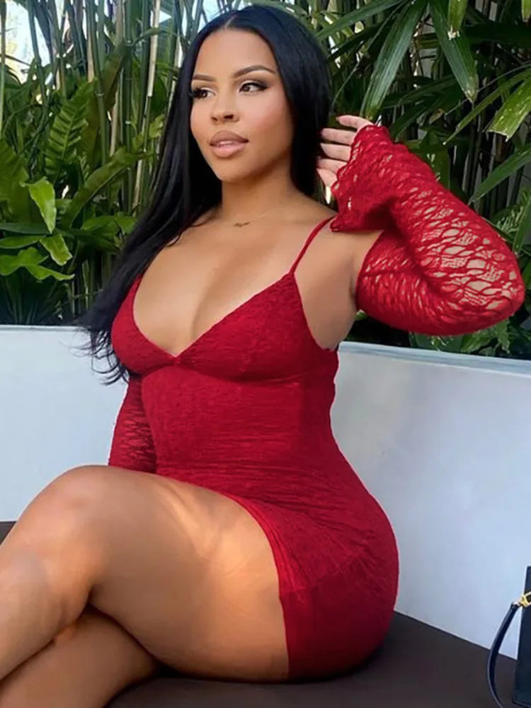 Sheer V-Neck Patchwork Mini Dress