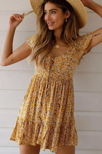 Daisy Floral V Neck Button Down Beach Mini Dress