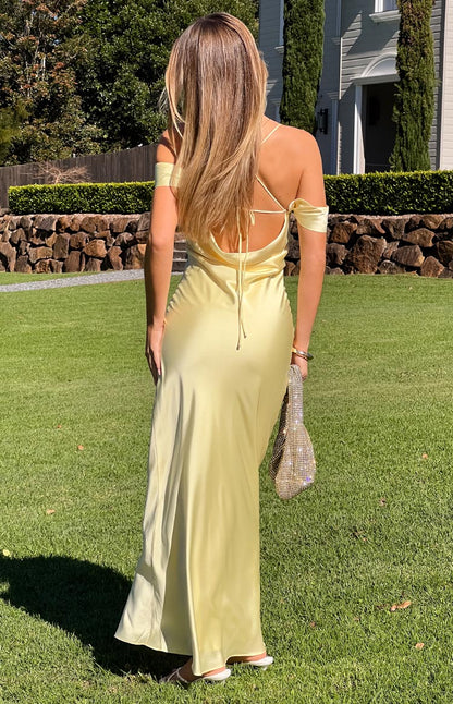 Danni Light Yellow Tie Off Shoulder Formal Maxi Dress