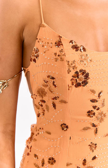 Dayan Orange Beaded Party Mini Dress