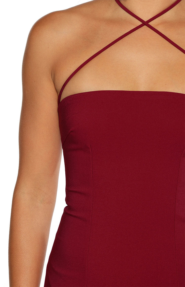Del Mar Burgundy Crepe Formal Maxi Dress