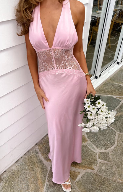 Divandi Pink Lace Halter Neck Formal Maxi Dress
