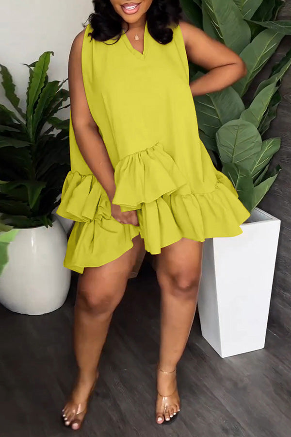 V-Neck Sleeveless Double Layer Ruffle Mini Dress (With Belt)
