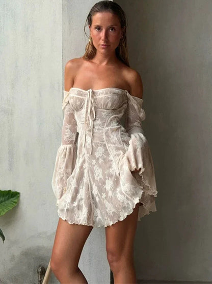 Lace Square Collar See-Through Mini Dress