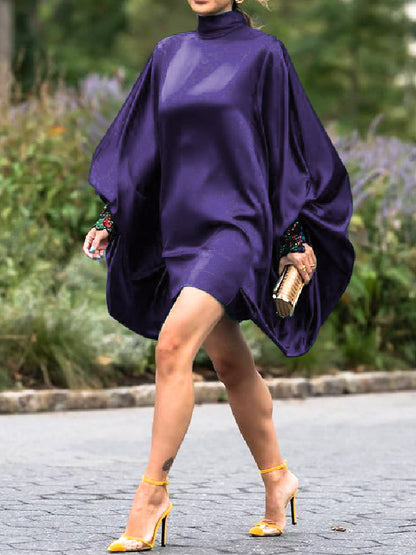 Going Out Loose Batwing Sleeves Buttoned Solid Color Mini Dresses