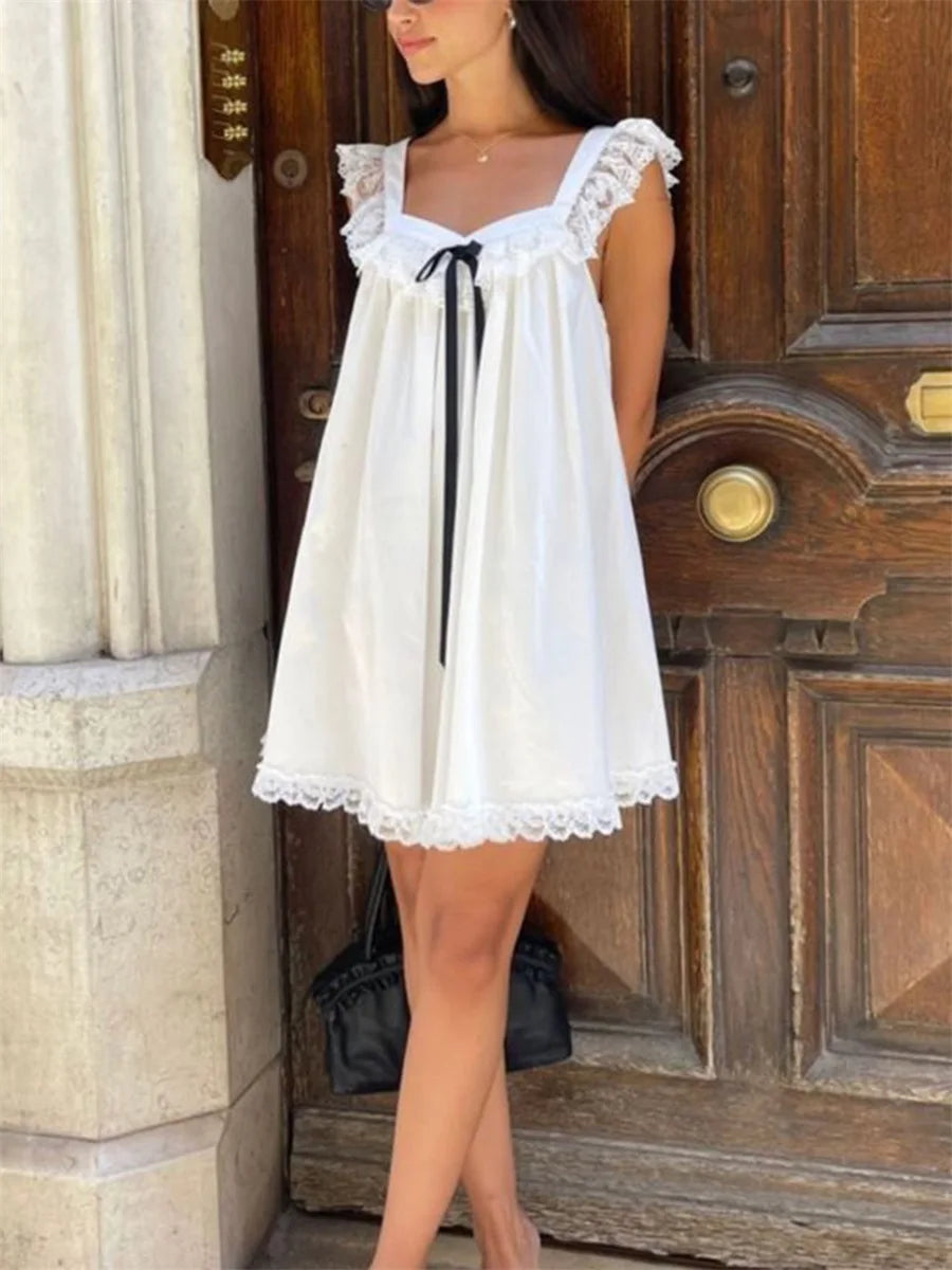 Lace Bowknot Embellished Mini Dress