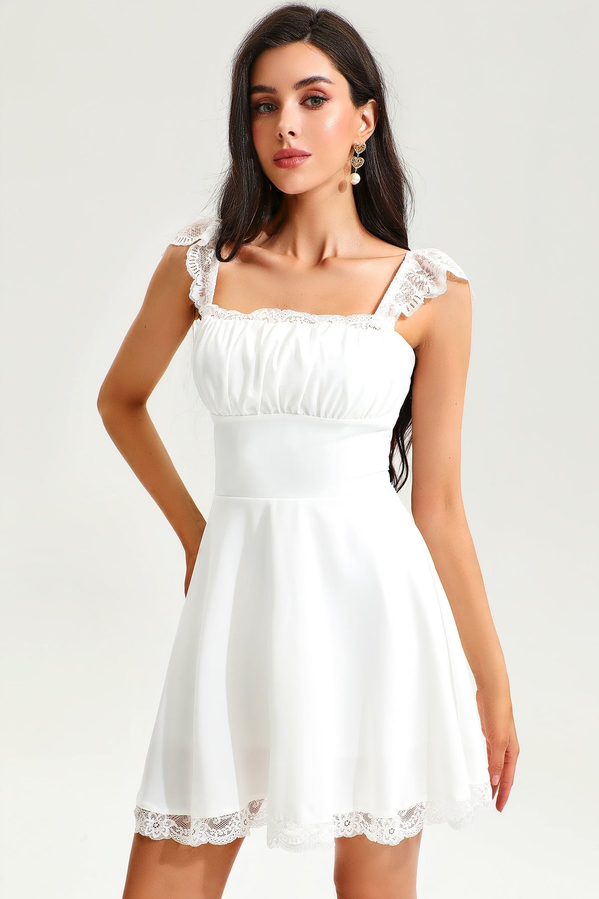 Lace Hem Square Collar Corset Pleated Mini Dress White