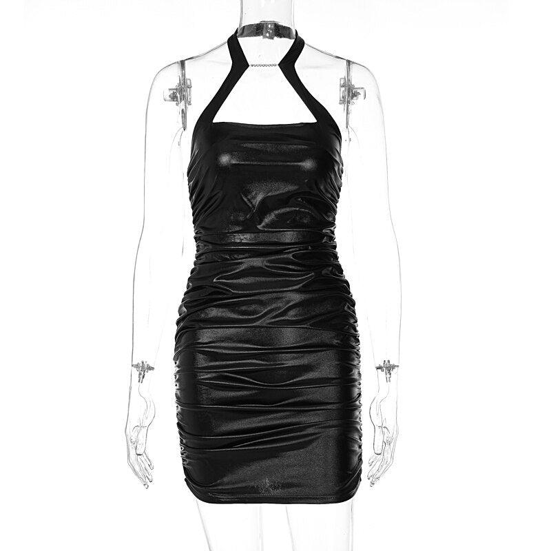 Voguable Pu Leather Solid Halter Sleeveless Masonry Draped Backless Mini Dress  Slim Elegant Street Party Outfits Y2K