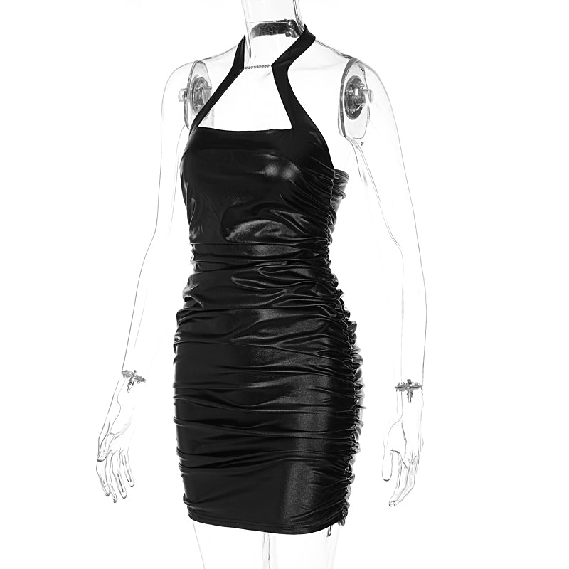Voguable Pu Leather Solid Halter Sleeveless Masonry Draped Backless Mini Dress  Slim Elegant Street Party Outfits Y2K