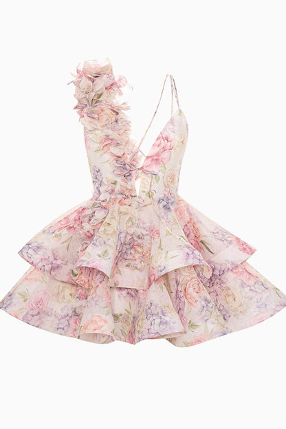 3D Flower Chiffon Ruffle Mini Dress