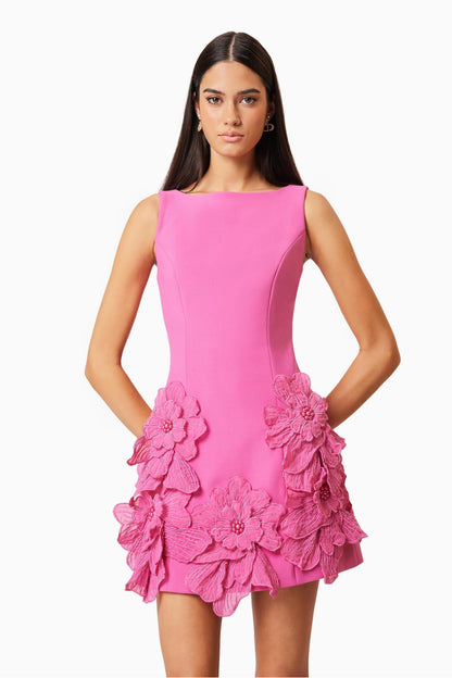 3D Flower Solid Round Neck Mini Dress