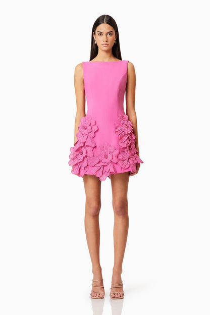 3D Flower Solid Round Neck Mini Dress