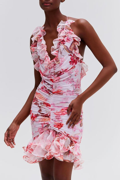 Floral Gathering Ruffle Mini Dress