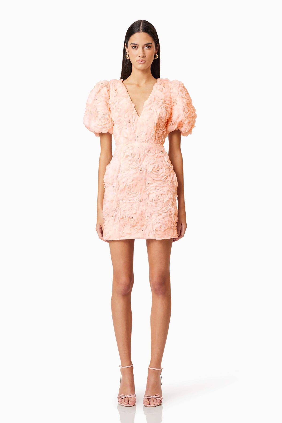 3D Flower Rhinestone Puff Sleeve Mini Dress