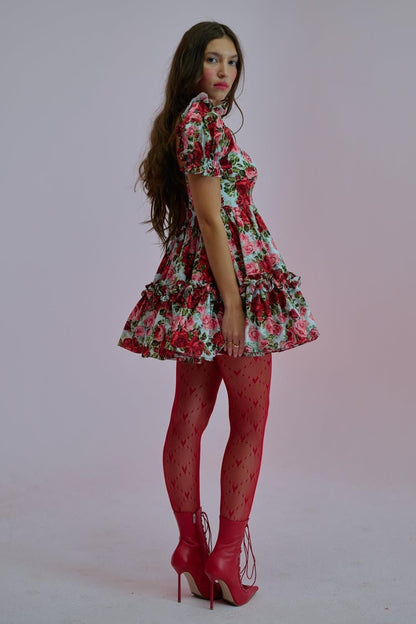 Floral Puff Sleeve V-Neck Mini Dress