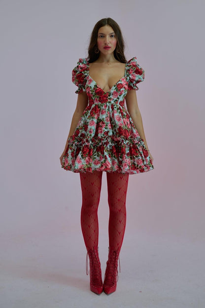 Floral Puff Sleeve V-Neck Mini Dress