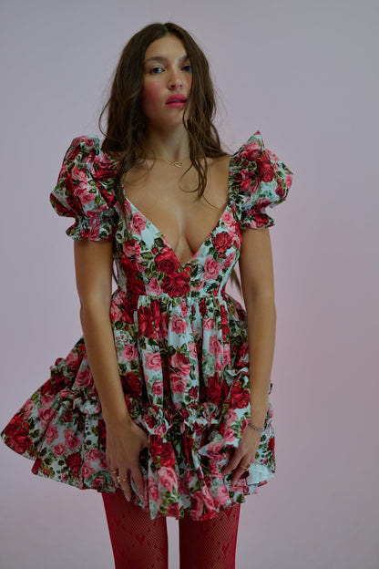 Floral Puff Sleeve V-Neck Mini Dress