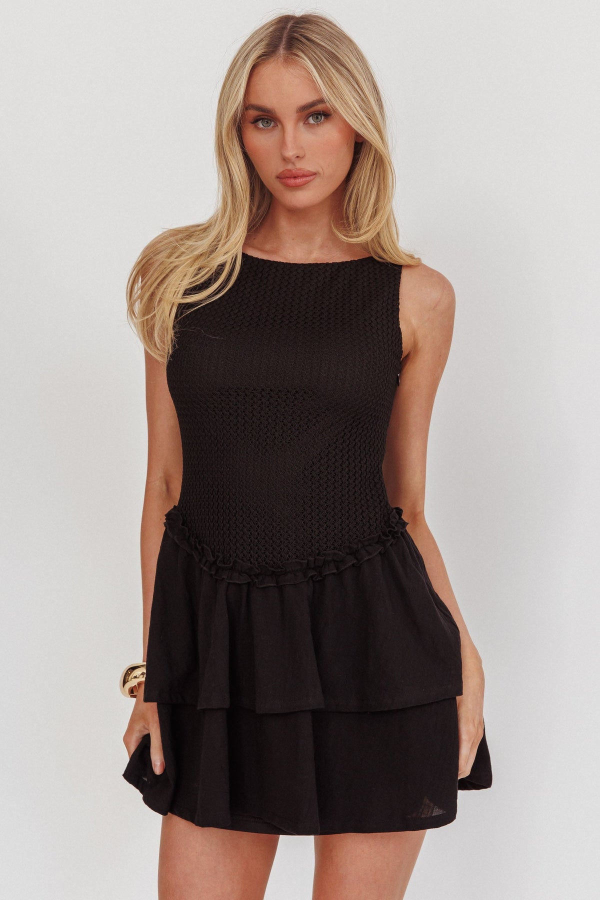 Swing It Double Layer Hem Mini Dress Black