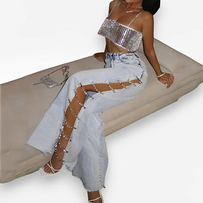 Straight-leg side hollow wide jeans