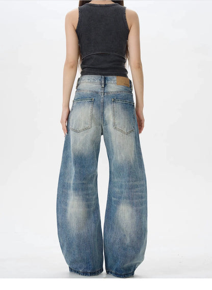 Heavy Knee Distressed Wide Leg Blue Jeans
